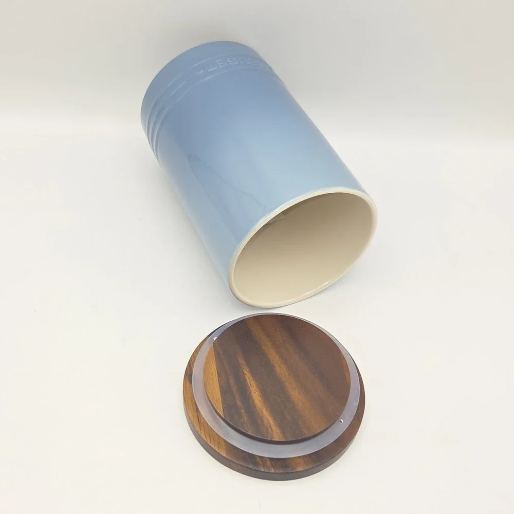 Le Creuset Chambray 26oz Stoneware Canister Wooden Lid Set x2 New Factory Second